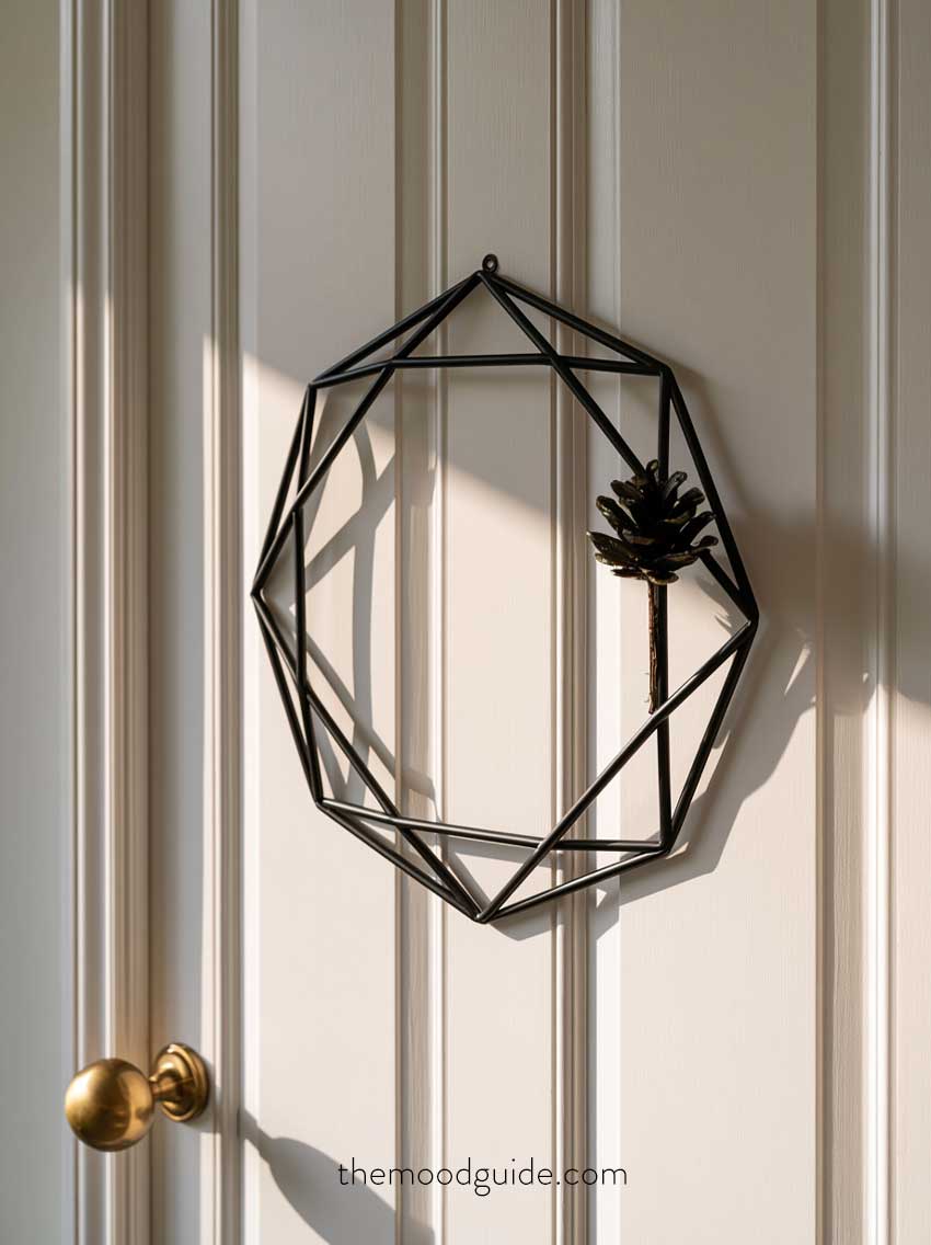 geometric easy modern minimalist black fall wreath with pinecone