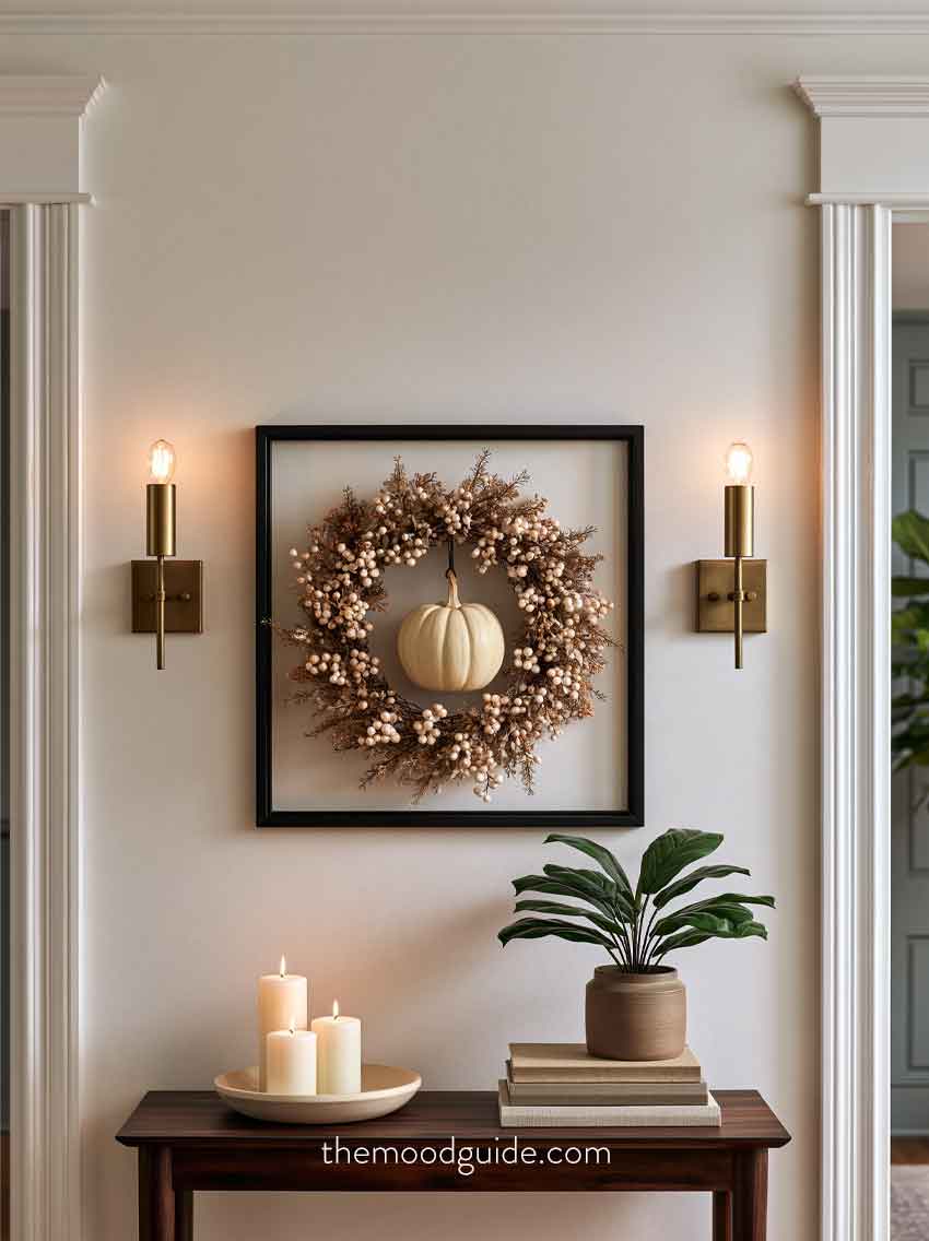 chic fall wreath decor neutral using picture frame, hobby lobby, above table, mantel, bed decoration