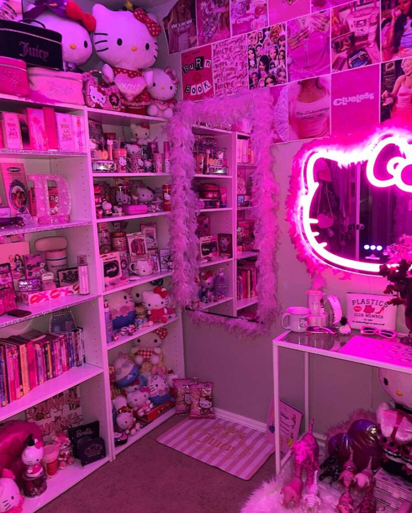neon pink aesthetic hello kitty bedroom