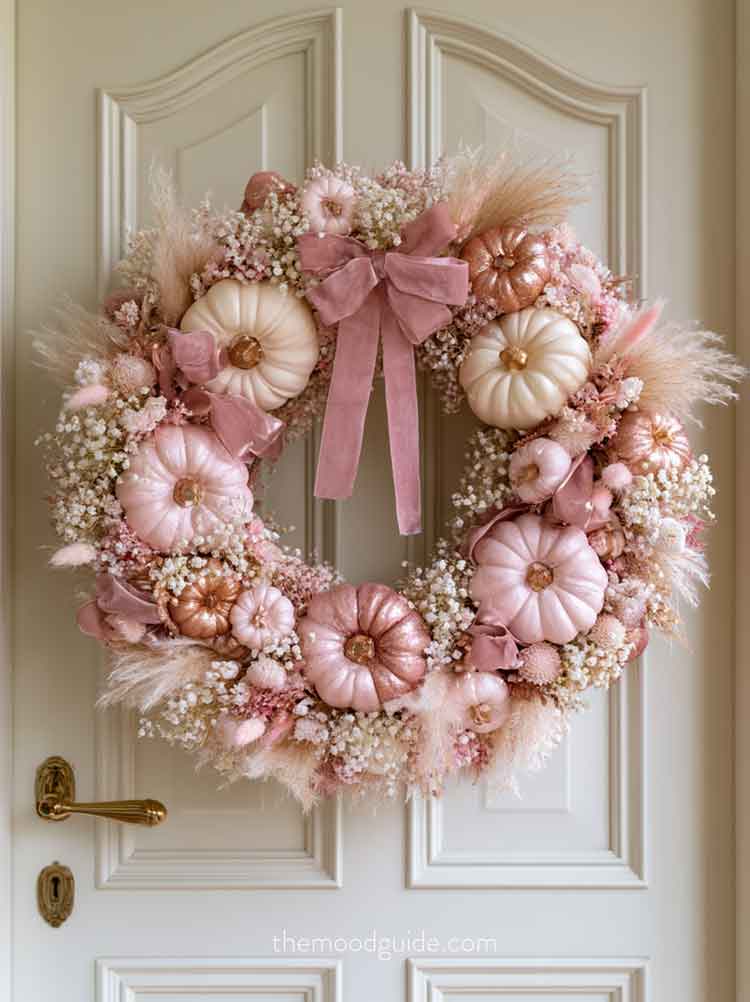 A whimsical Girly Pink fall wreath hanging on a soft pastel cream-painted cottage door. The wreath is beautifully crafted with faux pumpkins painted in shades of blush pink, rose gold, and cream, accented by soft velvet pink ribbons, dried pampas grass, and delicate white baby's breath