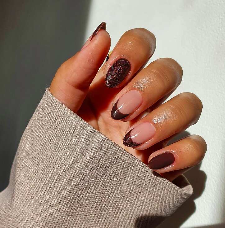 brown glitter french tip fall nail design