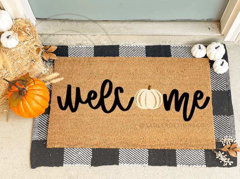 Welcome Doormat With White Pumpkin For Modern Fall Decorations