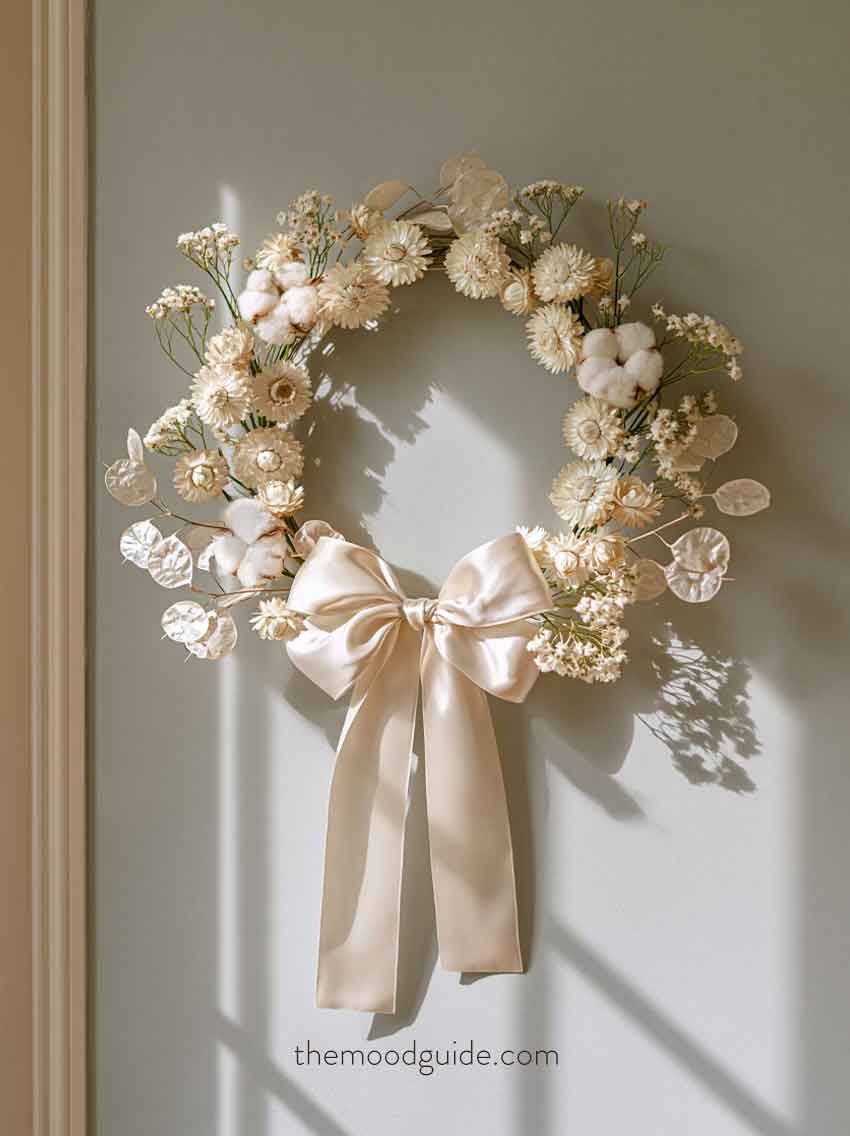 elegant white with dried flowers, dried Lunaria and ivory satin bow diy fall treat