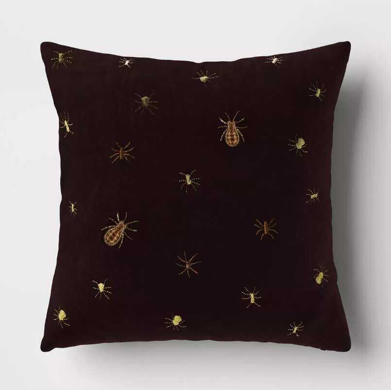 Beaded and Embroidered Spider Cotton Velvet Square Halloween Throw Pillow Gold/Black