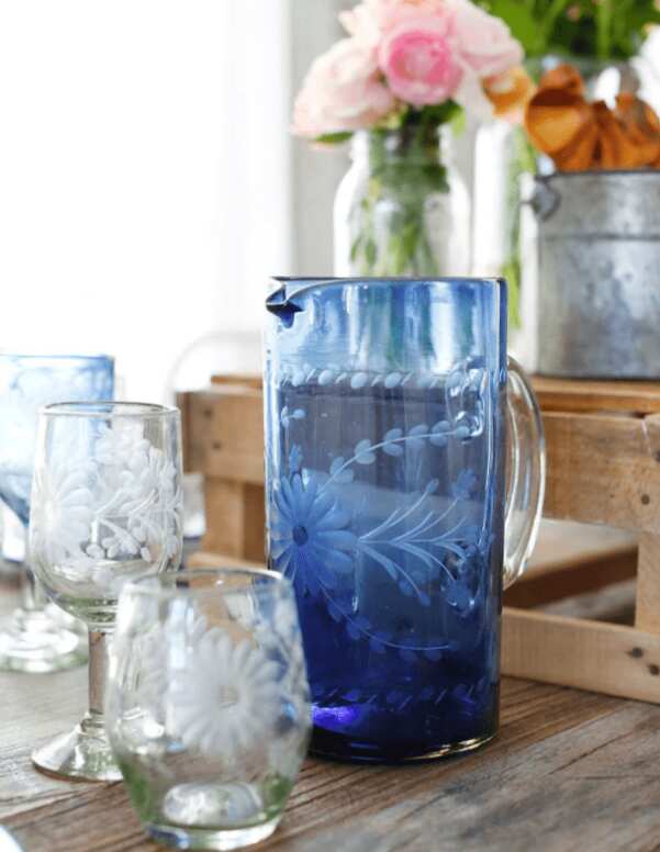 Hand-etched tall Glass Pitcher 