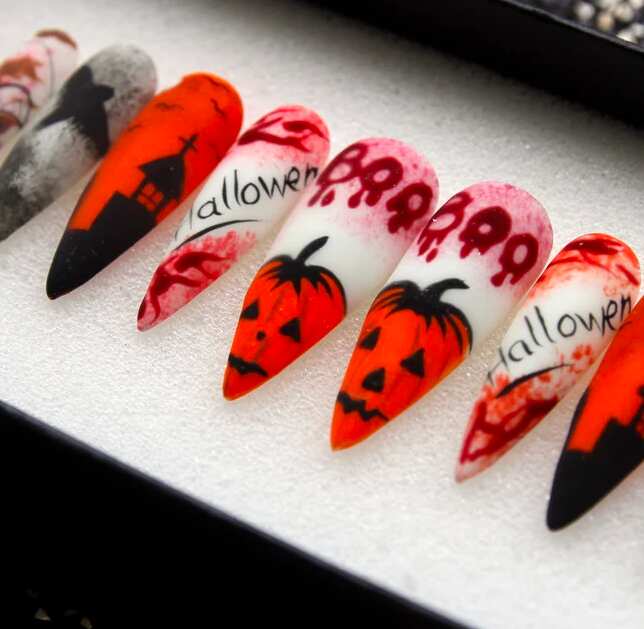 bloody pumpkin press on easy nails for halloween