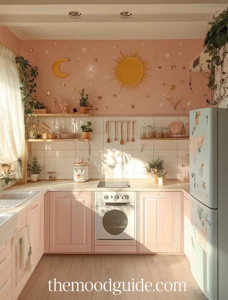 pastel pink celestial witch aesthetic kitchen decor