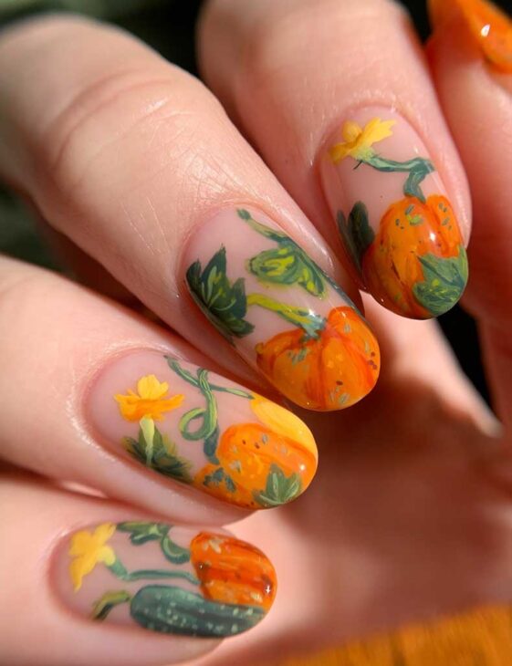 pumpkin nail art aesthetic fall nails on almond nails