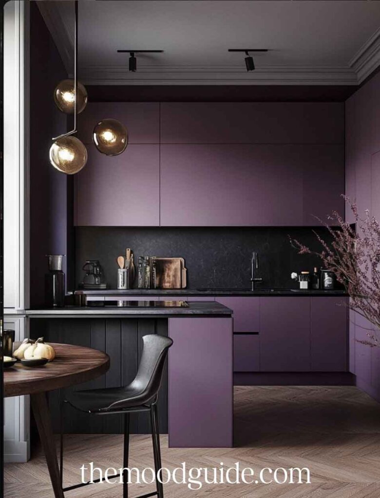 modern apartment purple black witchy kitchen