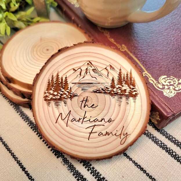 Rustic Wood Slice Personalized Coasters