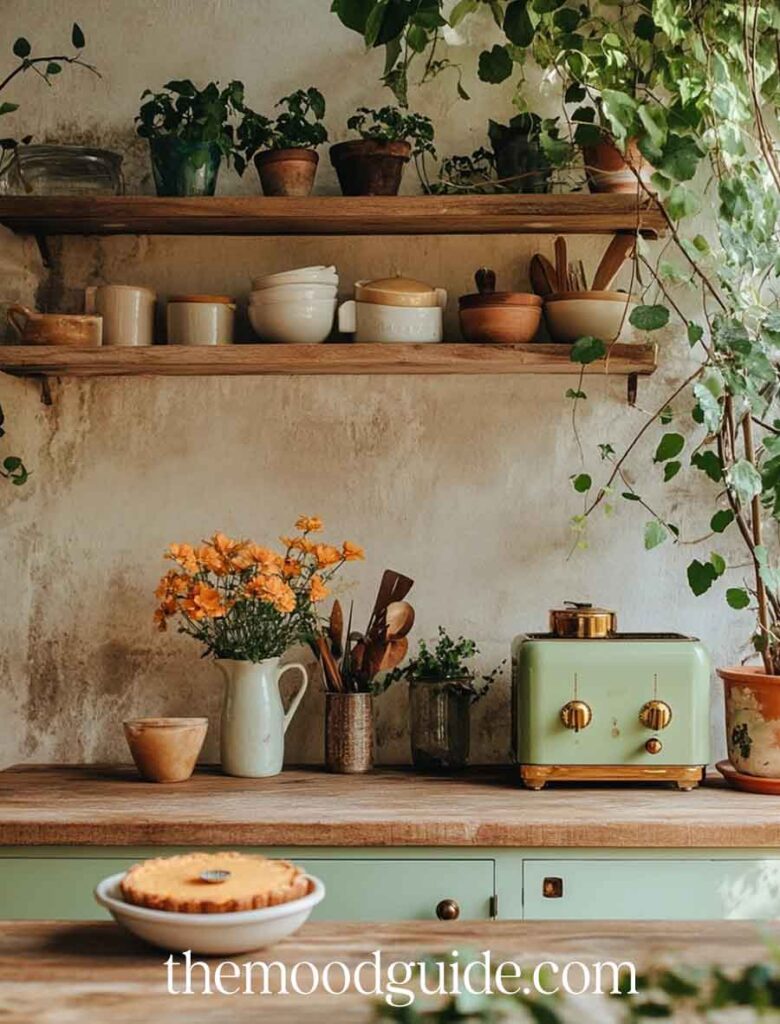 green rustic boho witch kitchen aesthetic with wood and mint green