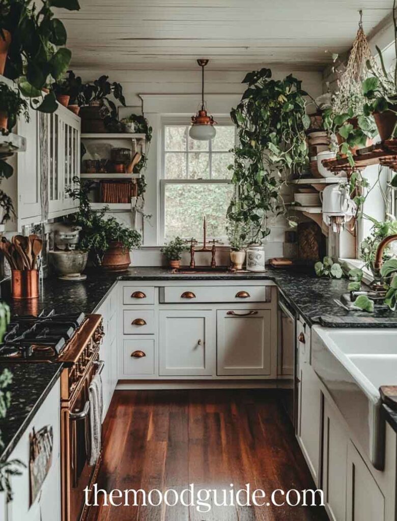 rustic witch kitchen with greens and copper