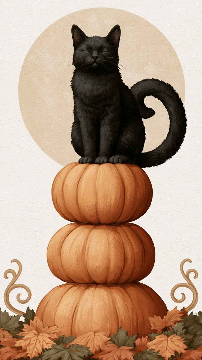 cute black cat and orange pumpkin halloween wallpaper iphone watercolor