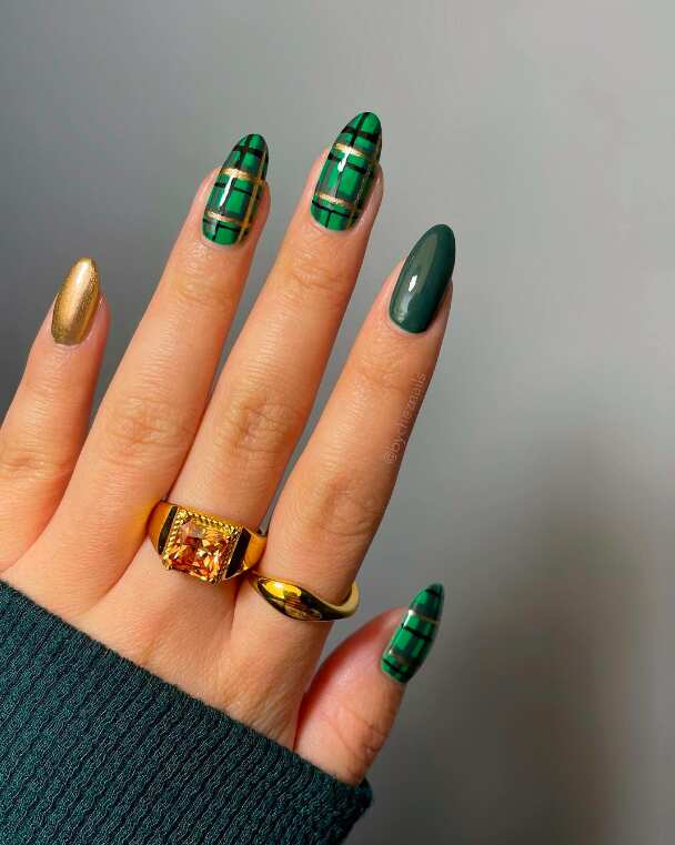 Cute plaid nail designs for autumn 2021 : Nude and Green Plaid Nails