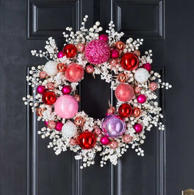  White Pearlized Berries With Pink Baubles Christmas Wreath
