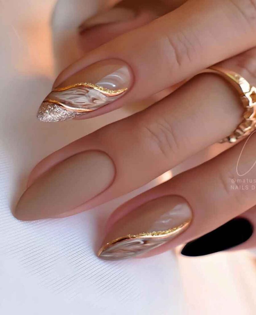 gold glitter brown marble nail