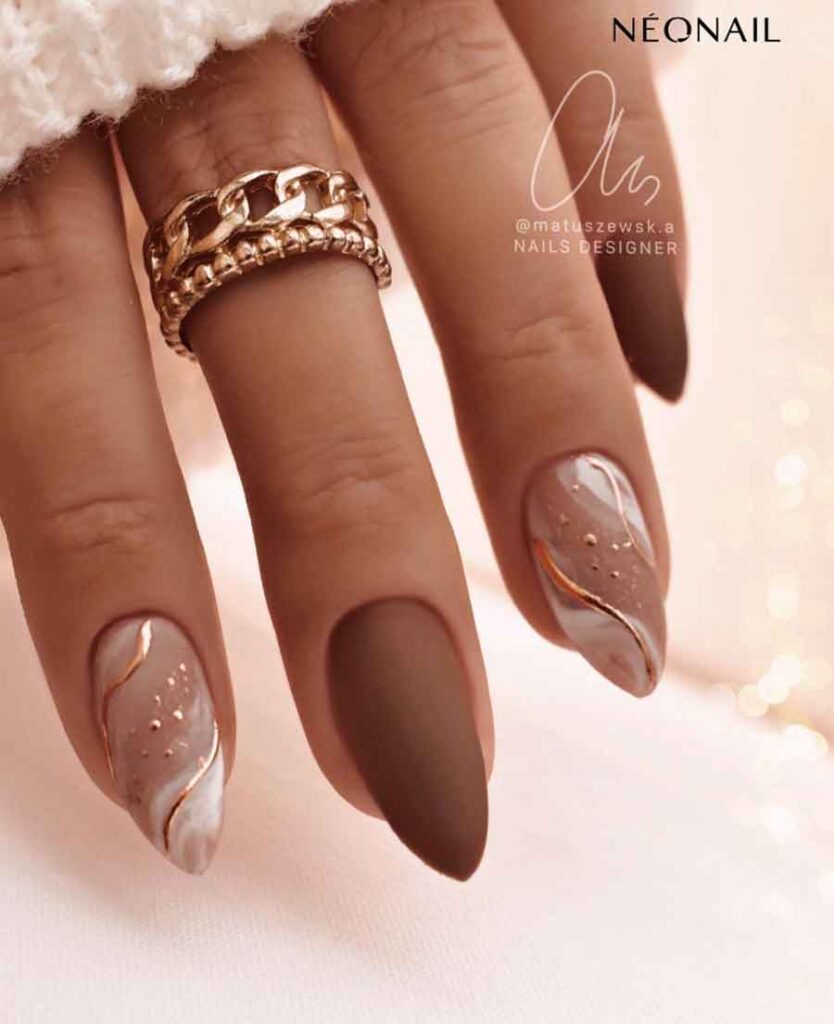 matte brown white gold marble nail effect