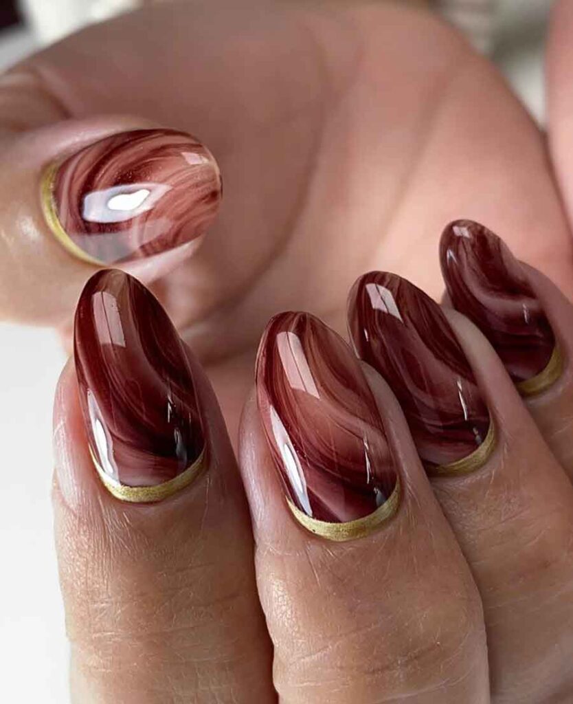 brown marble nails with gold