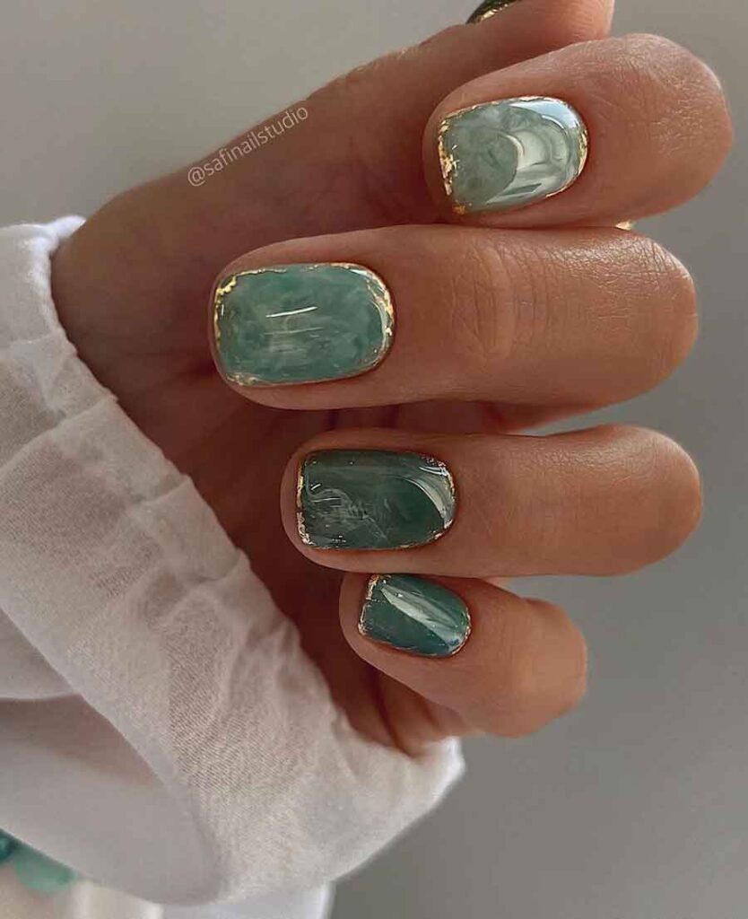 green marble nails with gold foil