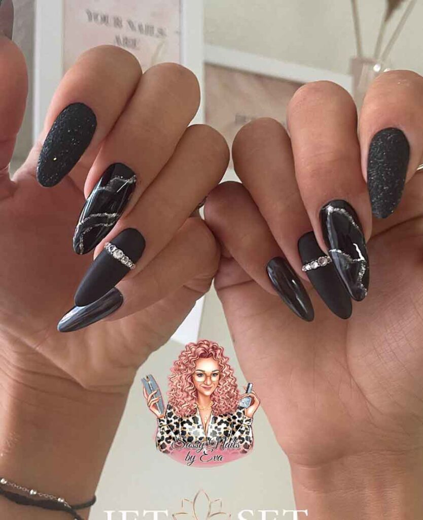 black silver rhinestone marble nails