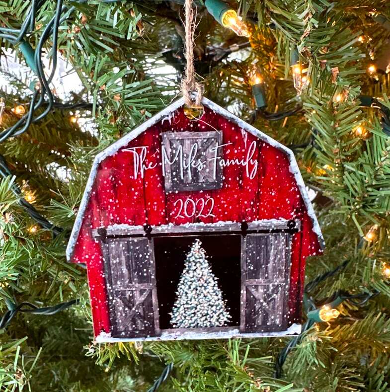 Personalized Red Barn Wood Christmas Ornament
