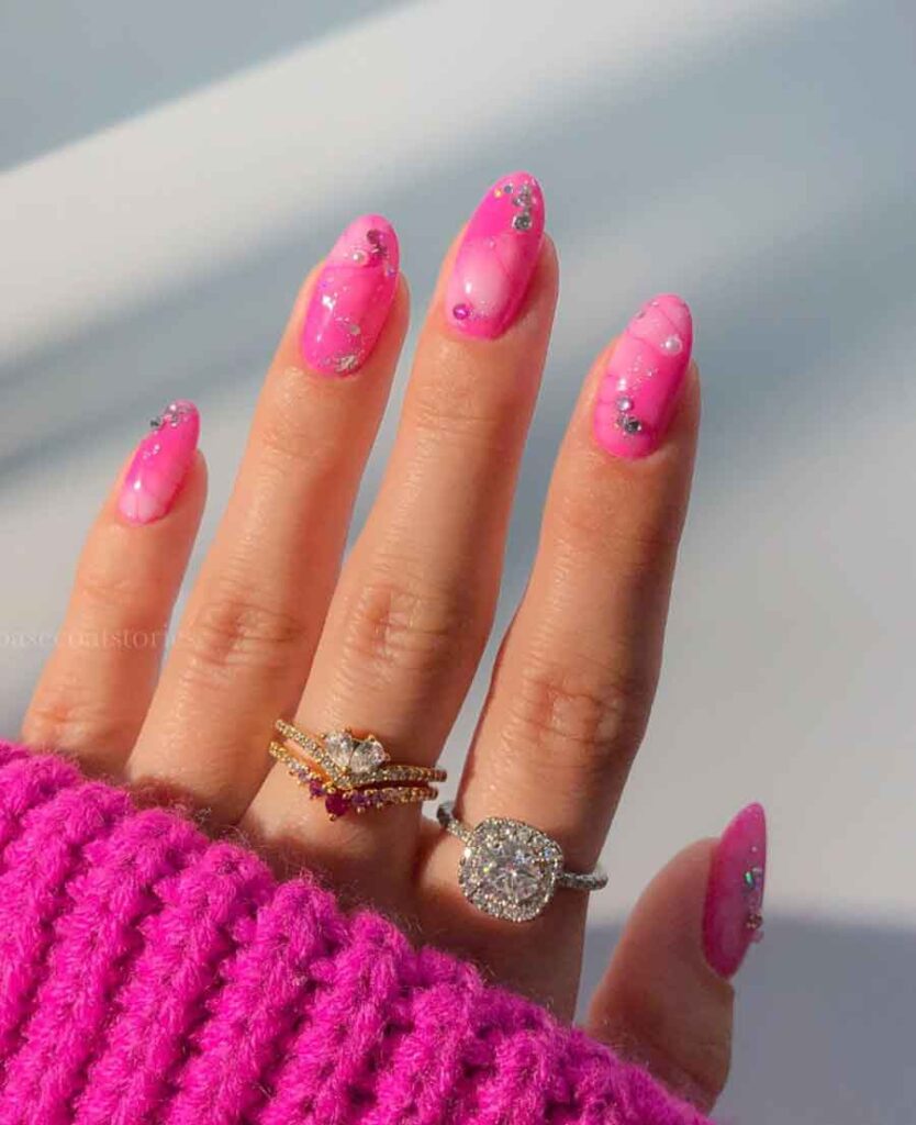 white and pink marble nails