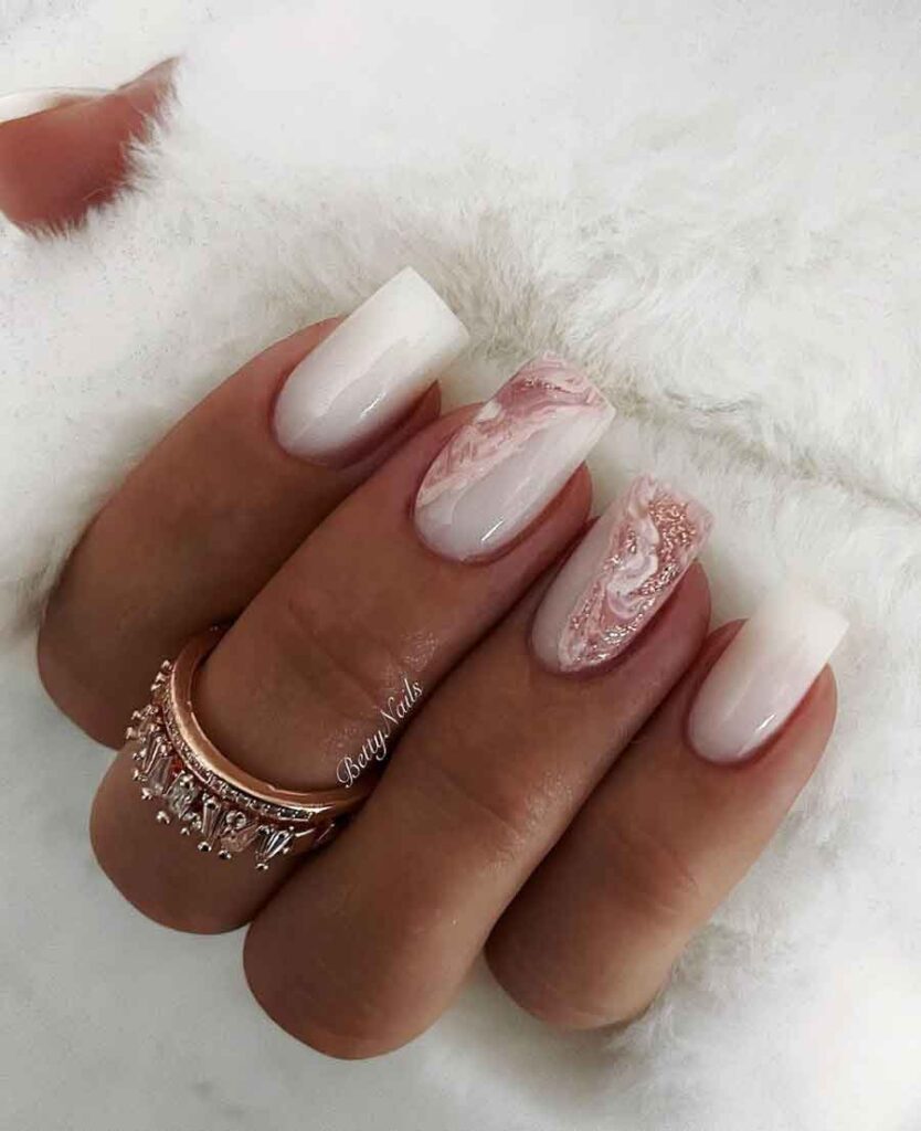 marble nails with pink and glitter