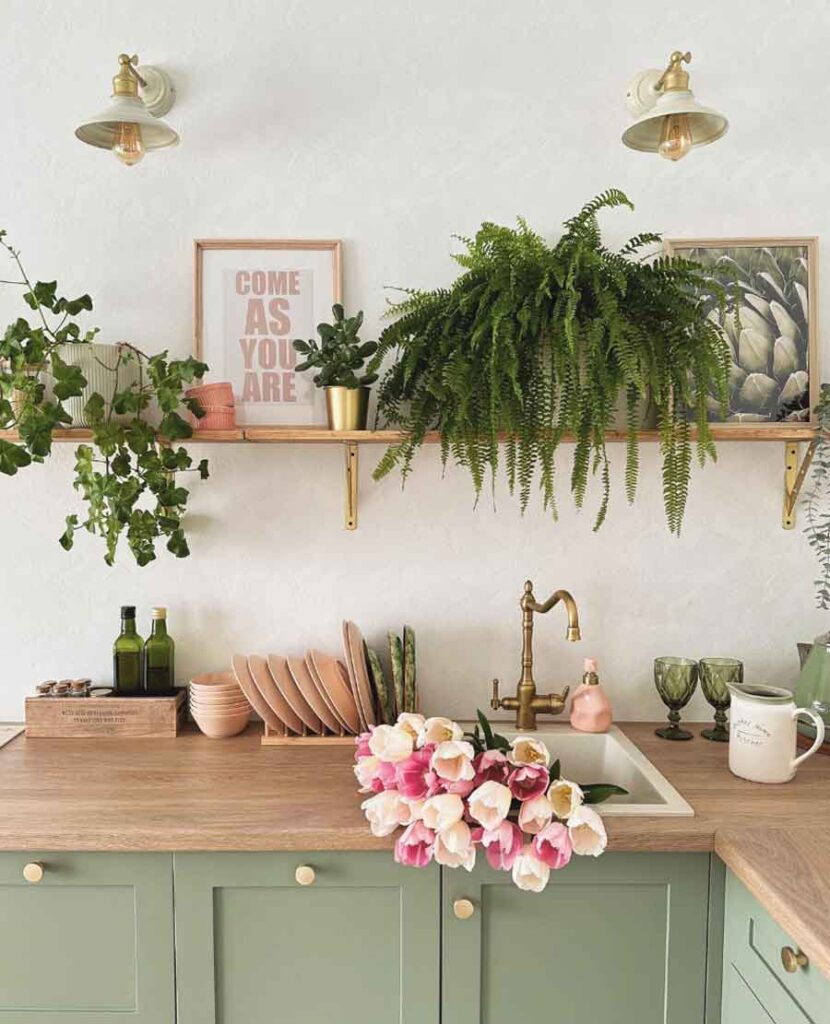 cute boho farmhouse sage green kitchen cabinets