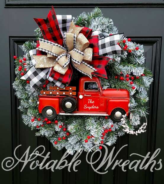 Personalized Farmhouse Christmas Wreath with Red Vintage Truck