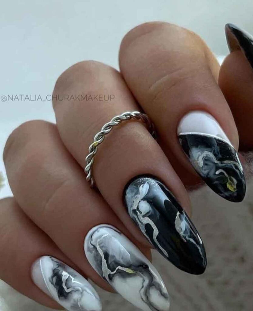 black white silver marble nails