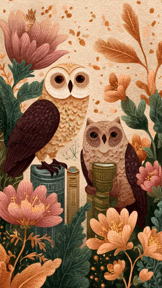 owl and books phone wallpaper