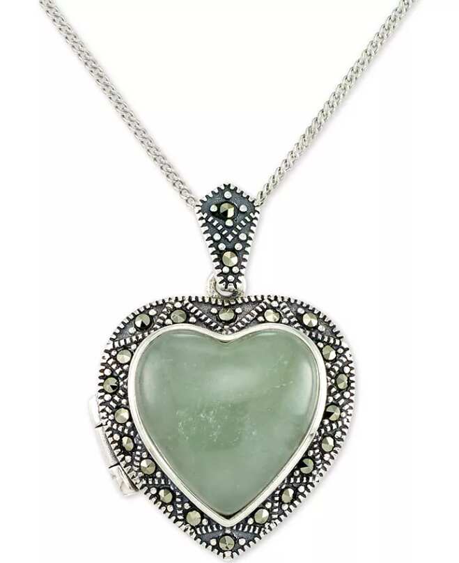 Jade & Marcasite Heart Locket Pendant Necklace