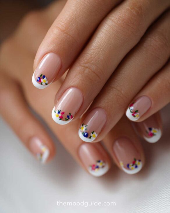 nude nails with white tips and flowers
