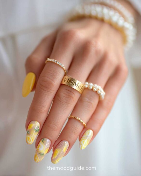 yellow lemon nail art with glitter