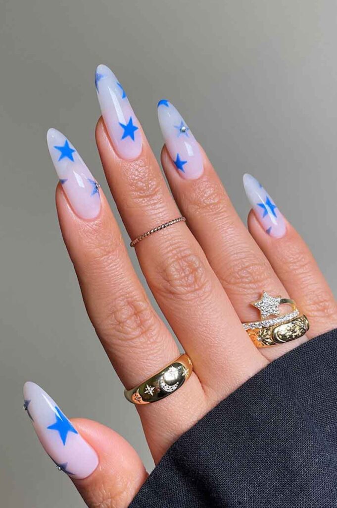 blue stars nails designs on white nails for 4th of july