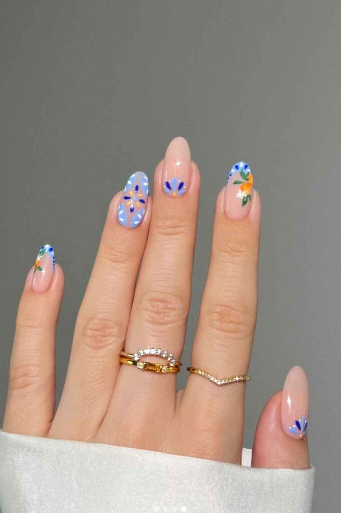 pottery blue floral nail art for spring nails
