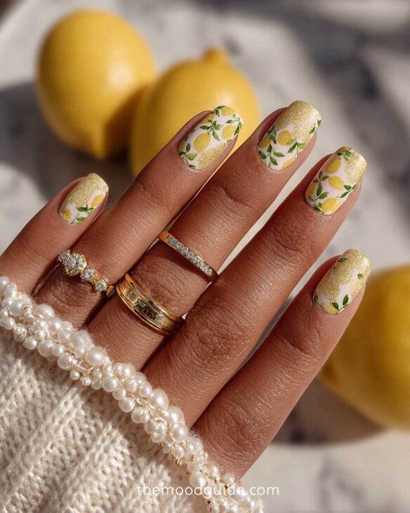 yellow and gold lemon nail design