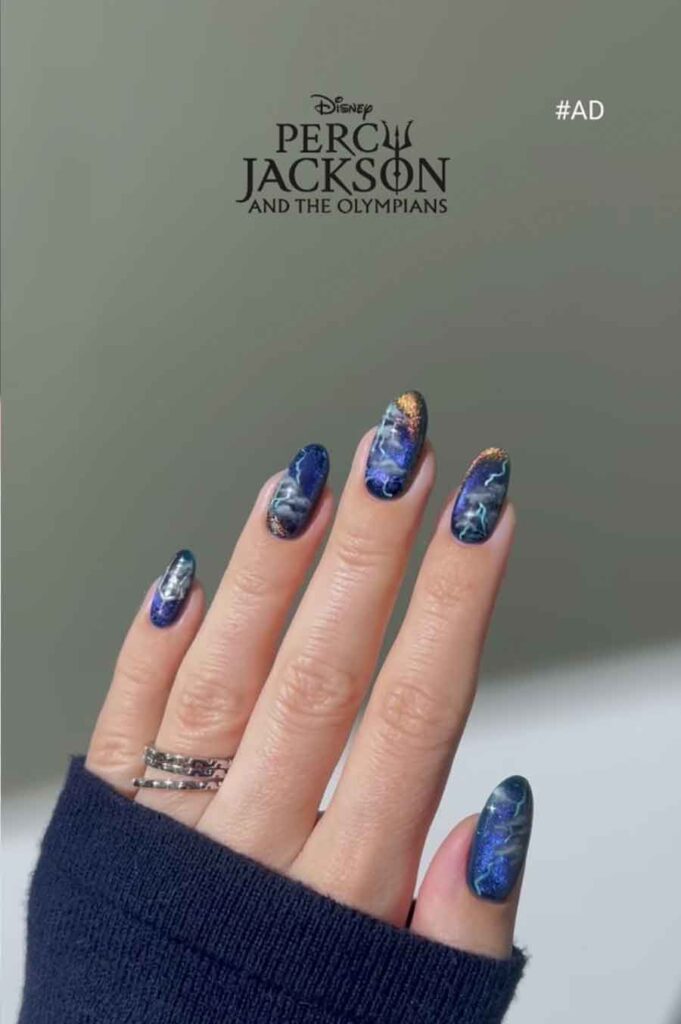 Percy Jackson inspired nail design tutorial of sparkly night sky dark blue galaxy