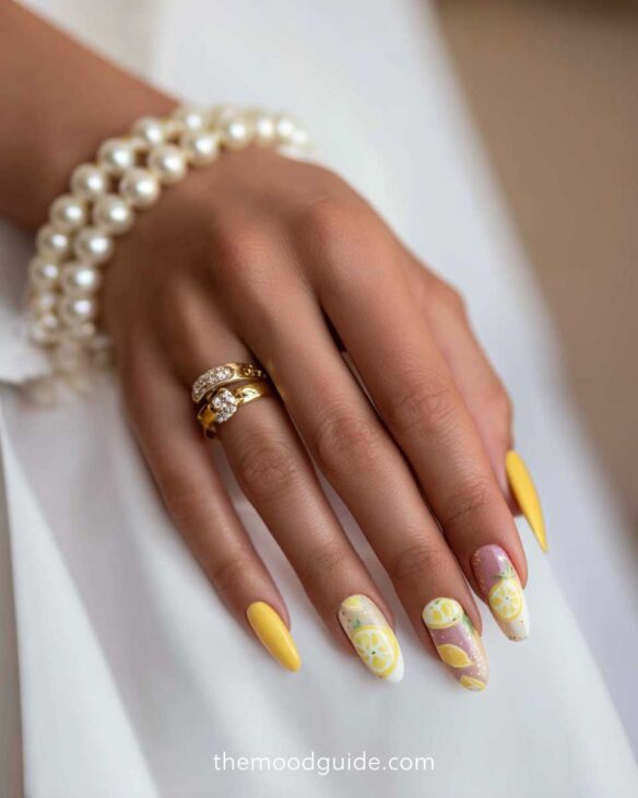 aesthetic lemon fingernail design on long nails