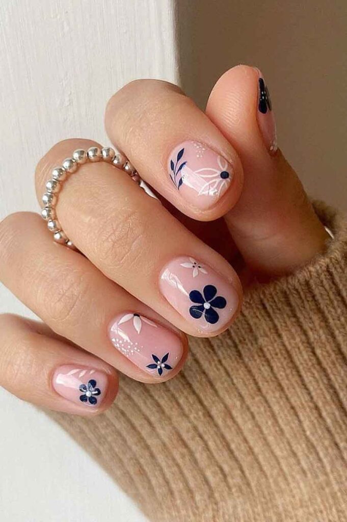 navy blue floral nail art