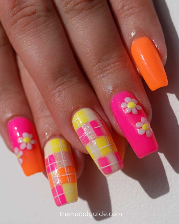 orange and pink 3d neon fingernails design