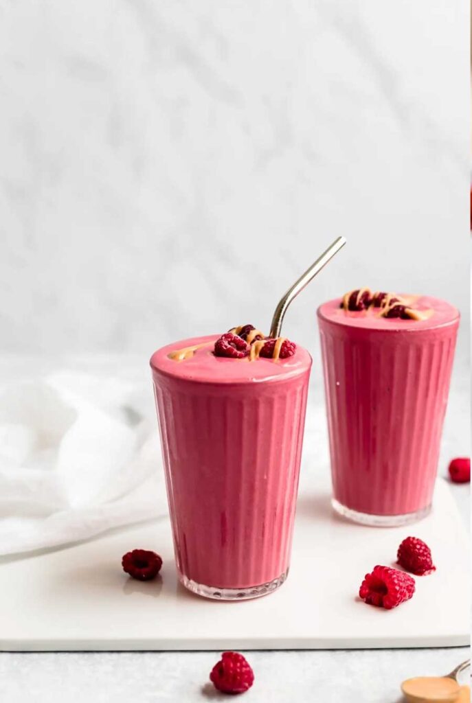 pink refreshing peanut butter and jelly smoothie
