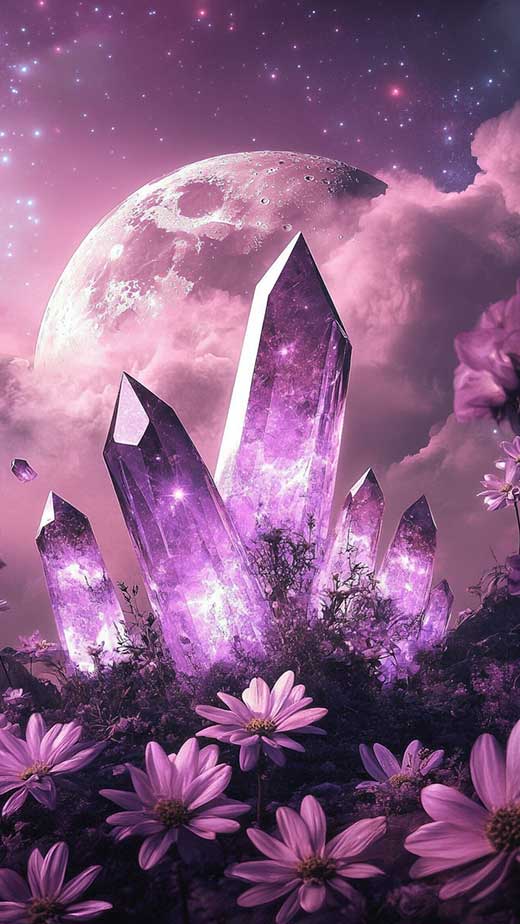 purple and black crystals flowers and moon aesthetic wallpaper fr iPhone