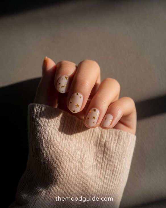 simple nude and gold aesthetic fingernail design