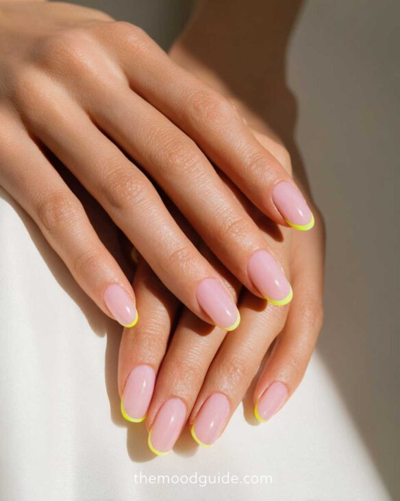 cute almond neon yellow simple finger tips French nails