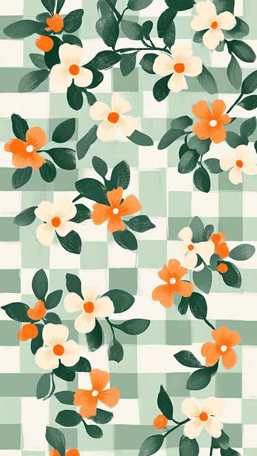 green floral spring gingham cottagecore flower orange wallpaper background for iphone