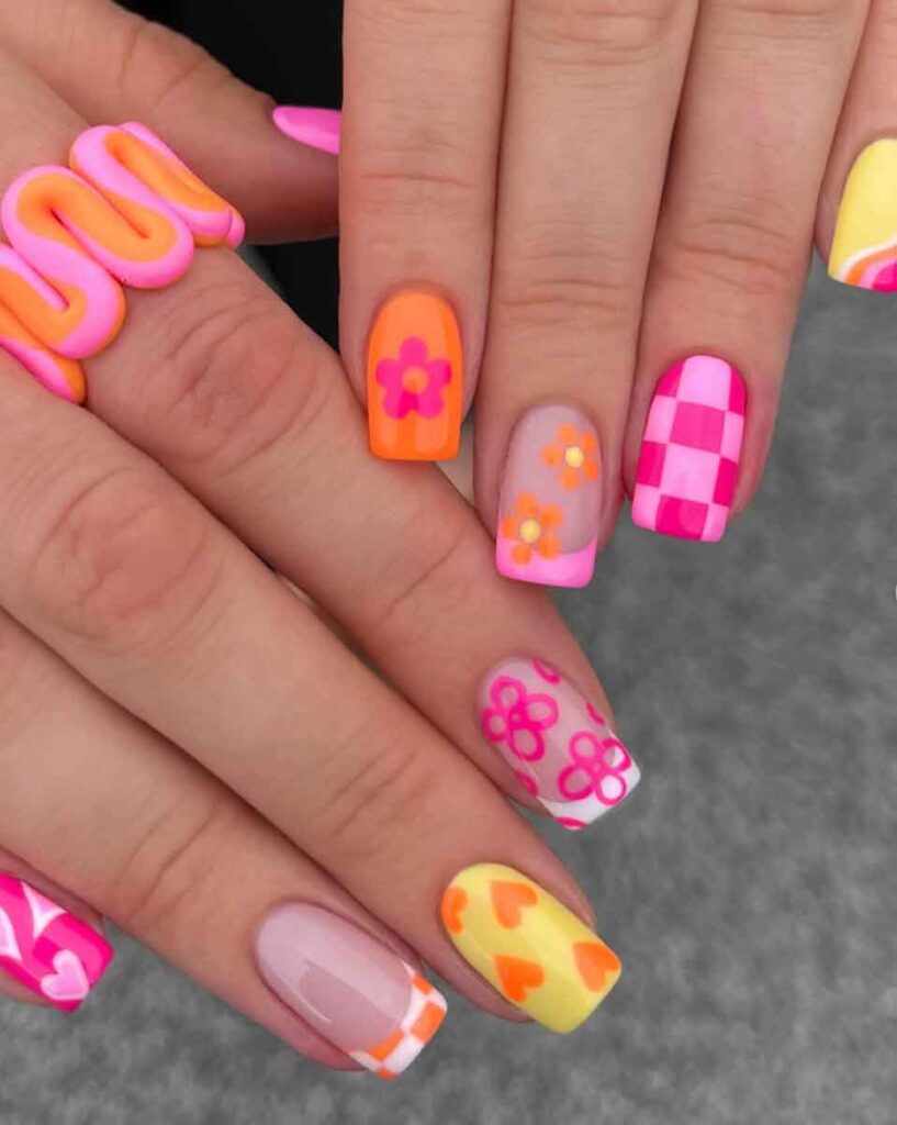 fingernail designs for summer pink and orange with check and flower designs