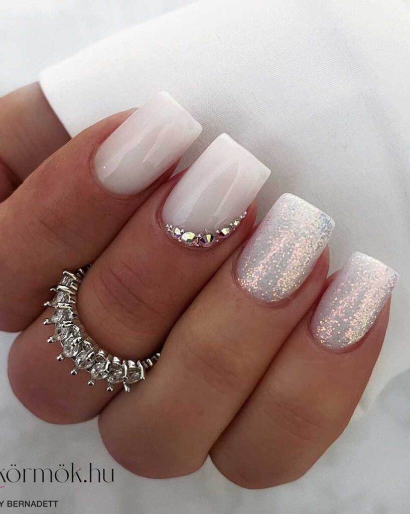 white and glittery bride nails with crystal on short  square nails