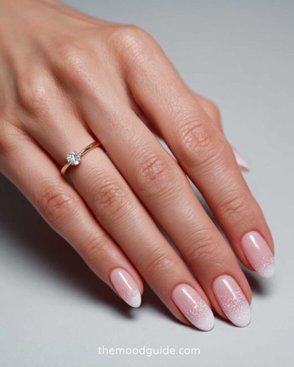 white and glittery bride nails with crystal on short square nails
