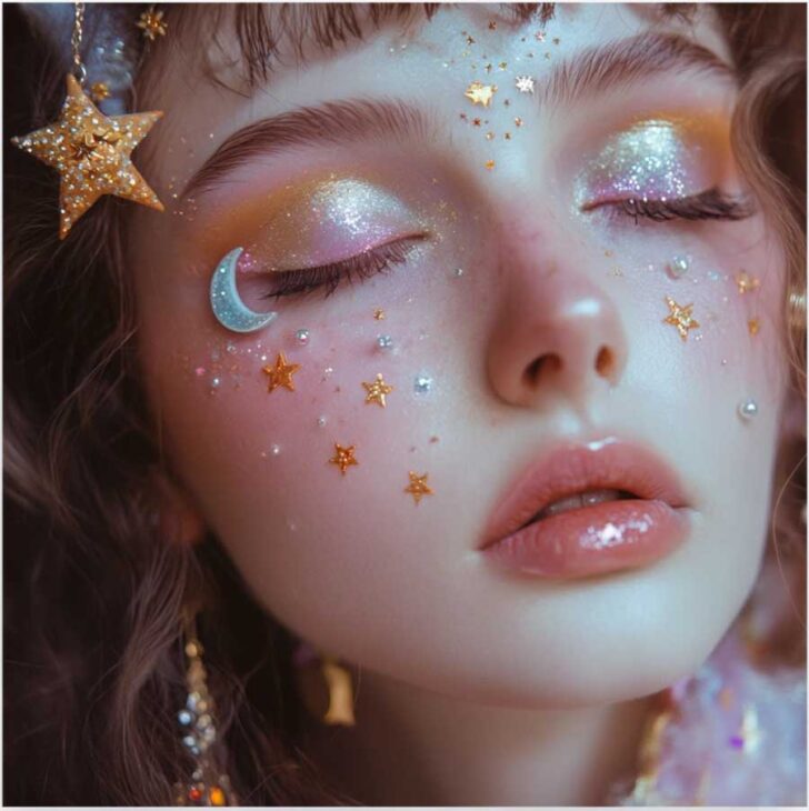 soft yellow. gold and purple fairy aesthetic makeup